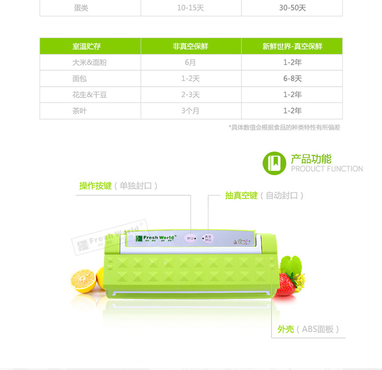 
                                        新鲜世界家用真空包装机 食品抽真空机 商用真空封口机 中秋月饼阿胶腊肉真空保鲜 绿色                