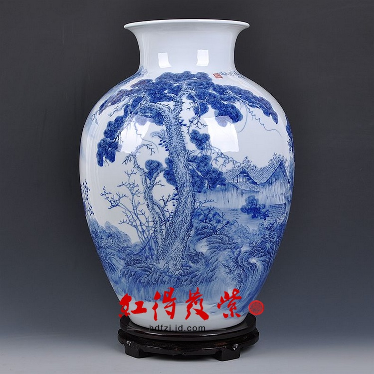 
                                        红得发紫 景德镇陶瓷器 家居客厅时尚摆件 青花瓷手绘山水画花瓶 冬瓜瓶                