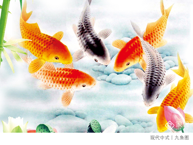 千色汇 九鱼图装饰画玄关竖版过道挂画风水招财新中式