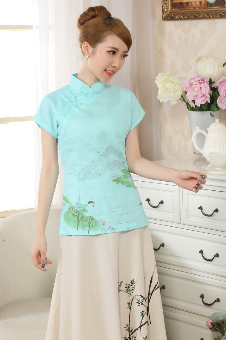 The frequency response, Ms. Tang Women's clothes summer wear T-shirt, cotton for the hand-painted Chinese Han-female improved Tang replace short-sleeve - A blue 2 XL pictures, price, brand platters! Elections are good character, the national distribution, so why buy now enjoy more preferential! Health