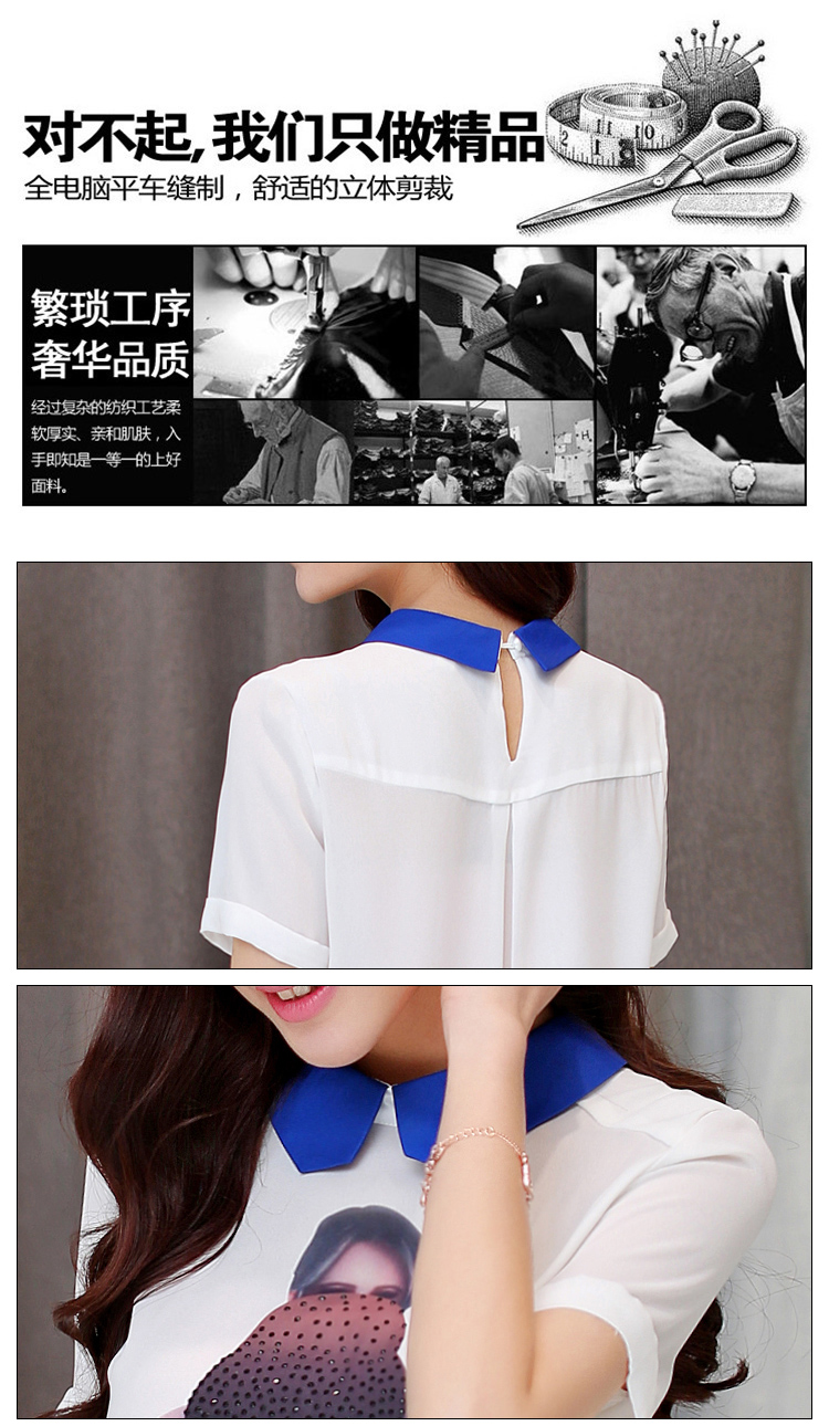 舒雪儿2015春夏装新款韩版印花修身显瘦短袖雪纺衫女XFS6106 图片色 XL