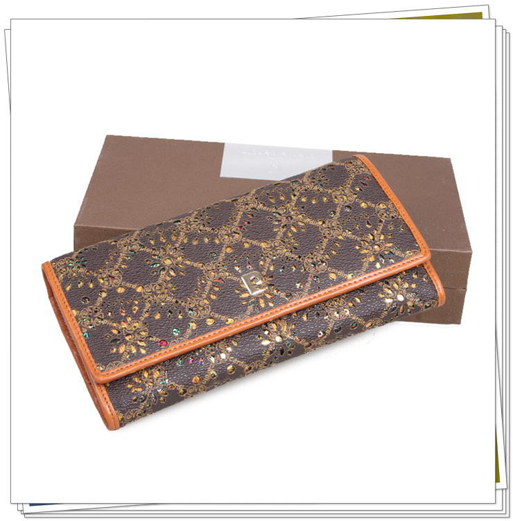 皮尔卡丹女士镂空长款钱包 棕色 三折长款