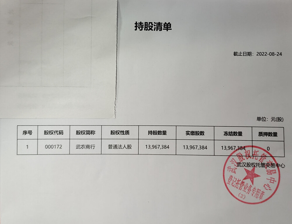 武汉农村商业银行股份有限公司13,967,384股股权