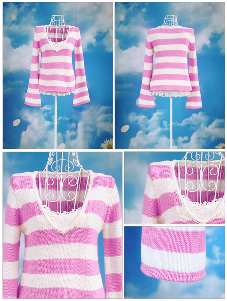 【8折】粉红大布娃娃 玫红<em>白条纹</em>甜美<em>v领</em>喇叭