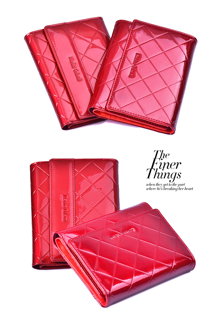 马连奴Marino 时尚菱格红色压纹女款三折短款