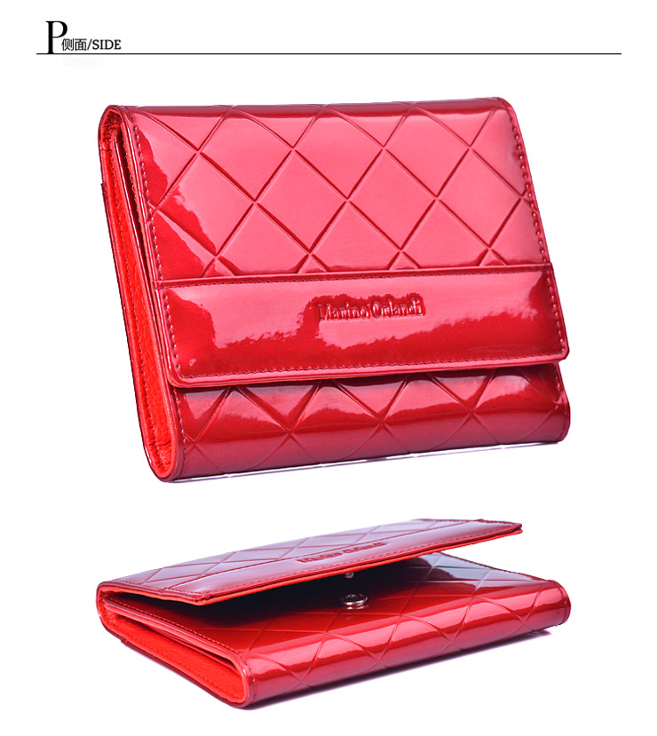 马连奴Marino 时尚菱格红色压纹女款三折短款