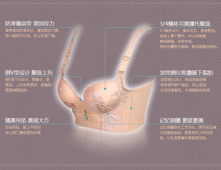 朱莉芬Z801女士内衣性感<em>胸罩</em>五排扣宽侧边厚
