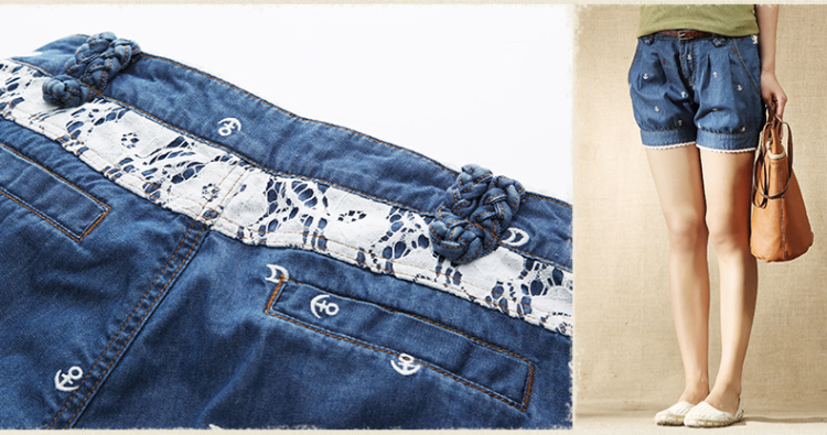 茵曼牛仔<em>短裤女夏</em>2014新款文艺<em>刺绣</em>蕾丝拼接