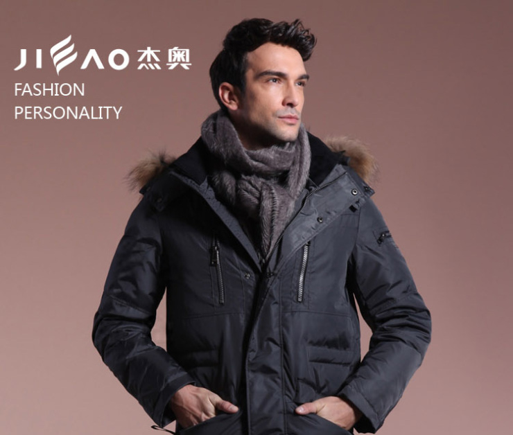 杰奥jieao羽绒服 2012新款男士中长款 帽子貉子