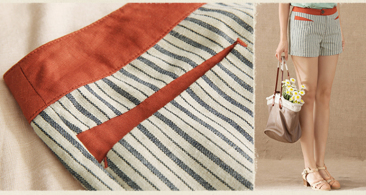 茵曼2014夏装新款文艺<em>棉</em>竖<em>条纹短裤</em>热裤<em>女</em>【