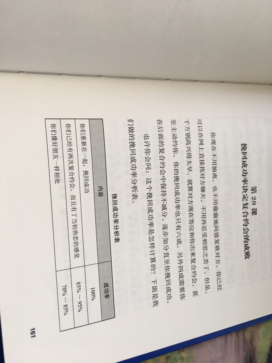 这本书的内容说了很多,如何挽回前男友前女友的办法,这本书告诉了你,从分手之后如何调整心态,然后慢慢联系,然后在一起的过程。而很多人在读这本书的时候,却没有意识到很重要的一点就是一定要调整自己的心态,第2点就是一定要改变自己。因为前任跟你分手的原因就是因为你在他心目中的吸引力越来越少了。所以只有从自己改变,你才能让他的印象,更加的深刻。我看完这本书我明白了在恋爱的过程中,为对方做的事情,仅仅是为了自己,你要把对他当做一种享受,对他好当做一种享受。这样你在过程中恋爱过程中就不会有任何的抱怨,也不会在情绪上有特别大的波动。