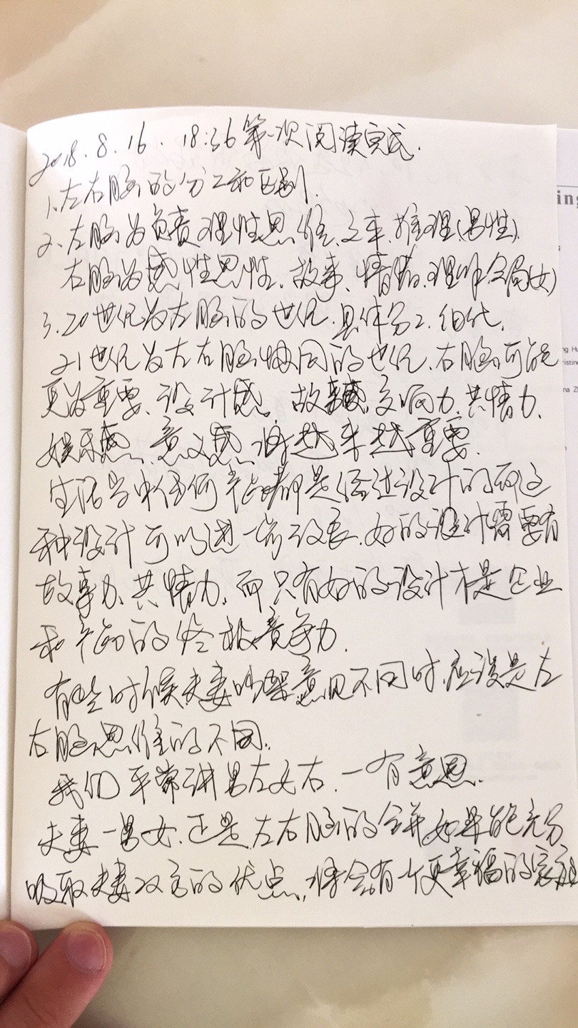 这一本书主要讲左脑和右脑思维模式的研究。随着社会及经济的发展,感性的右脑思维将越来越重要和明显。同时左右脑的协同发展在现阶段和将来都会特别重要!这是一本好书