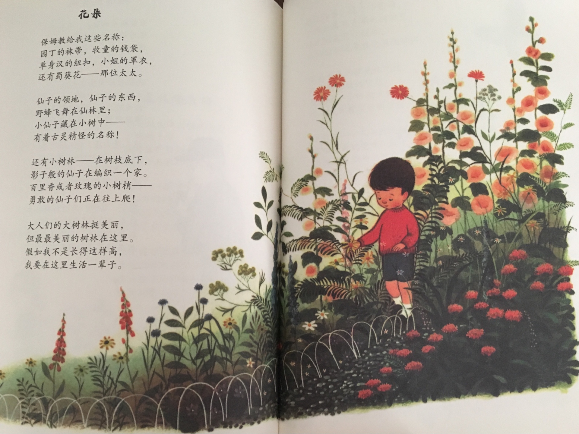 书中的诗歌特点鲜明,以孩子的口吻从孩子的视角讲述平常的故事,生动有趣,充满真情实感,富有童真及想象力,读者仿佛跟着孩子们进入到了他们天真浪漫的世界,给人以深深的震撼和感动。书中的诗歌大都很简短,有的稍长,但无一例外都在字里行间流露出孩子般的浪漫,琅琅上口,富有一定的文学性。相信经常给小朋友读一读这些精彩的诗句,可以让孩子在感受诗歌特有的节奏动感以外,培养孩子的浪漫精神,滋润心灵,培养他们的想象力,激发他们的语言潜能,让他们也跃跃欲试地学着去表达自己的情感。同时,富有节奏感的押韵诗句比普通文学更能提高孩子的兴趣,如同童谣,可以让孩子在唱中学,玩儿中学,潜移默化的将文学植入孩子的心中。值得一提的一点,便是书中精美绝伦的插图。印刷精美,色彩饱和度完美,给人以完美的视觉盛宴。好书不容错过。