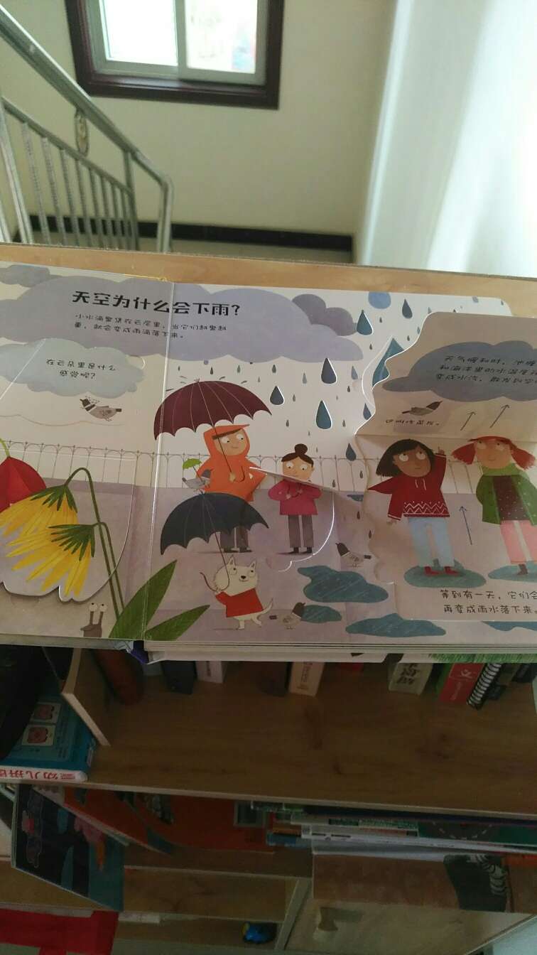 页数太少了。是纸板书,有翻翻页,以前天天问我天空为什么会下雨,现在买了似乎又没有兴趣了。唉,买一大堆书的心理安慰都是,万一老娘生二胎就物尽其用了。一共六张图片,全书就这么多内容