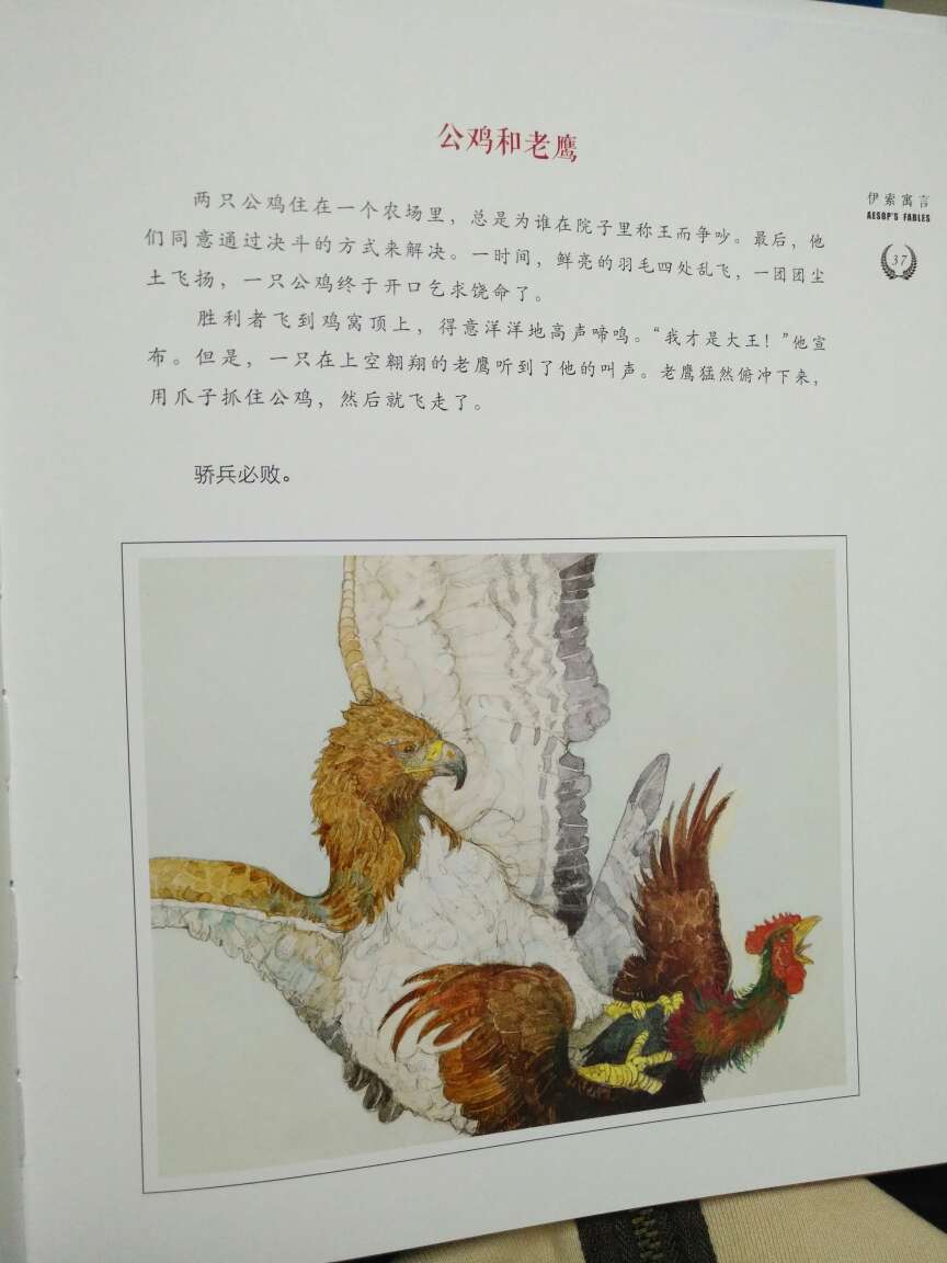 这个版本非常不错,插画很精美,打开被扉页上的霸气文字打动了。伊索寓言故事也是经典故中的经典,慢慢给孩子讲起来也可以在故事中获得些启发!很不错,满意