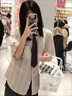 PMOG夏季復(fù)古條紋襯衫女外穿百搭學(xué)生寬松短袖法式鹽系襯衣上衣女洋氣 條紋 M 曬單實拍圖