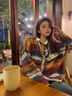 矜持范復古彩色條紋毛衣女秋冬新款慵懶風(fēng)寬松小眾學(xué)生開(kāi)衫針織上衣外套 彩色 S 建議80-95斤 曬單實(shí)拍圖
