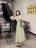 羅蒙（ROMON）綠色雪紡碎花連衣裙女夏季高腰a字小個(gè)子春秋長袖法式假兩件長裙 淺綠色 L -105-115斤 曬單實(shí)拍圖