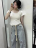 PMOG美式高街星星刺繡牛仔褲女秋季hiphop寬松顯瘦高腰毛邊直筒拖地褲 淺藍色 優(yōu)質(zhì)款現貨 L 曬單實(shí)拍圖