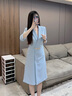 AD正式場合連衣裙女氣質(zhì)時(shí)尚西服裙子OL通勤輕奢職業(yè)裝夏季 七分袖藍(lán)色連衣裙 S 曬單實(shí)拍圖