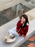 紫涵（ZIHAN）紫涵慵懶感針織開(kāi)衫女春季甜美學(xué)院風(fēng)軟糯寬松毛衣外套 復古紅 S 曬單實(shí)拍圖