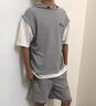沐霓 運動(dòng)套裝男 夏季短袖短褲休閑百搭男士穿搭假兩件連帽t恤 XL 假兩件華夫格套裝【灰色】 曬單實(shí)拍圖