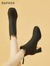 DAPHNE達芙妮女靴秋冬法式小短靴高跟皮靴新款女鞋冬季加絨加厚保暖冬鞋 黑色跟高6cm 37 (235mm) 標準碼 曬單實(shí)拍圖