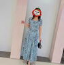 瑞秋兒碎花連衣裙女夏季新款女裝時尚收腰顯瘦遮肉減齡洋氣短袖長裙子 青色碎花 M 曬單實拍圖