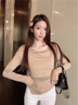 LDBE長(cháng)袖T恤女2025新款內搭打底衫熱辣美式春季修身性感不規則上衣服 燕麥色 L 曬單實(shí)拍圖