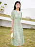 水云間綠色v領(lǐng)碎花連衣裙女2025夏季新款多巴胺度假風(fēng)中長款雪紡連衣裙 豆沙綠花 L 曬單實(shí)拍圖