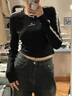 初秋美式黑色甜辣妹長(cháng)袖修身t恤女春秋季內搭打底衫短款緊身上衣 黑色 S 曬單實(shí)拍圖