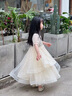小咔衣濃女童主持人演出服花童婚紗小女孩生日兒童鋼琴演奏公主裙高端夏季 香檳色T3904長款 130 曬單實拍圖