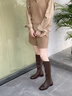 紅蜻蜓長筒靴女時裝通勤秋冬新款加絨保暖粗跟高筒靴顯瘦長靴騎士靴 棕色（加絨） 37 曬單實拍圖