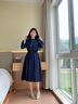 lagogo抽繩收腰文藝通勤連衣裙女拉谷谷春秋新款不對(duì)稱(chēng)設(shè)計(jì)a字裙 藏青色(M0) M 曬單實(shí)拍圖