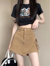 紅蜻蜓（RED DRAGONFLY）卡其色牛仔短褲裙女夏年新款薄款辣妹寬松高腰顯瘦直筒短褲子 卡其色 L 【建議112-122斤】 曬單實(shí)拍圖