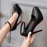 彩姿蓮歐美性感淺口啞光黑色一字扣帶高跟單鞋尖頭細跟防水臺高跟鞋女 黑色【12CM】 38 曬單實(shí)拍圖