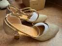 戩玨拉丁舞鞋女中高跟舞蹈鞋軟底廣場(chǎng)舞跳舞鞋恰恰交誼摩登春夏季 5.5公分跟金色室內毛底 37 曬單實(shí)拍圖