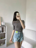 clotho Rennie品牌女裝T恤女2025春秋新款修身五分袖蕾絲網(wǎng)紗半高領針織打底衫 黑色 M 曬單實拍圖