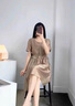 AEMAPE新款連衣裙女2025夏時(shí)尚女裝氣質(zhì)優(yōu)雅百搭雪紡顯瘦遮肉短袖裙子女 卡其色 L 建議105-115斤 曬單實(shí)拍圖
