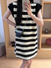 妃奧絨條紋連衣裙女夏歐洲站歐貨洋氣減齡小個(gè)子飛飛袖休閑T恤裙子 黑白條紋 M 曬單實(shí)拍圖