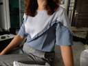 羅蒙（ROMON）短袖T恤女2025夏季新款韓版圓領(lǐng)設計感休閑t恤女上衣夏天 藍色M 曬單實(shí)拍圖