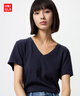 優(yōu)衣庫女裝竹節(jié)紗V領T恤/短袖棉白T上衣打底內(nèi)搭春夏新款483576 69 藏青色 L /160/88A 曬單實拍圖