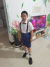 小熊精靈（xiaoxiongjingling）禮服胖童男童小西服加肥加大西裝夏主持人演講短袖兒童背帶褲套裝 百褶襯衫+藍格短褲+襪子背帶領(lǐng)結 150 碼(建議體重90-102斤) 曬單實(shí)拍圖