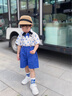 羅蒙數(shù)字背帶襯衫套裝新款帥氣時(shí)髦兒童襯衫衣服夏季短袖男童套裝 藍(lán)色四件套 100 曬單實(shí)拍圖