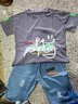 G.DUCKKIDS童裝男童牛仔夏裝套裝2023新款兒童中大童夏季男孩短袖夏款兩件套 灰色 110 【建議身高100厘米】3-4歲 曬單實(shí)拍圖