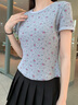 Teenie Weenie小熊女裝時(shí)尚簡(jiǎn)約春夏華夫格短袖T恤碎花滿(mǎn)印打底衫 灰色 S 曬單實(shí)拍圖