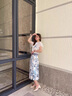 熒蒂碎花雪紡連衣裙女2025夏季韓版修身顯瘦氣質(zhì)短袖T恤長(cháng)裙套裝裙子 藍色 S 曬單實(shí)拍圖