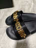MOSCHINOMoschino/莫斯奇諾  男士字母Logo修飾一字拖鞋 金色 42 曬單實(shí)拍圖