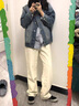 衣然呈品純色休閑褲男秋季新款潮牌寬松闊腿美式百搭直筒垂感工裝褲子男士 白色 L【建議110-130斤】 曬單實(shí)拍圖