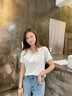 UNAE 短袖女修身2025年夏季新款氣質(zhì)v領(lǐng)半袖上衣韓版蕾絲拼接純色t恤 白色 L 【建議102-114斤】 曬單實(shí)拍圖